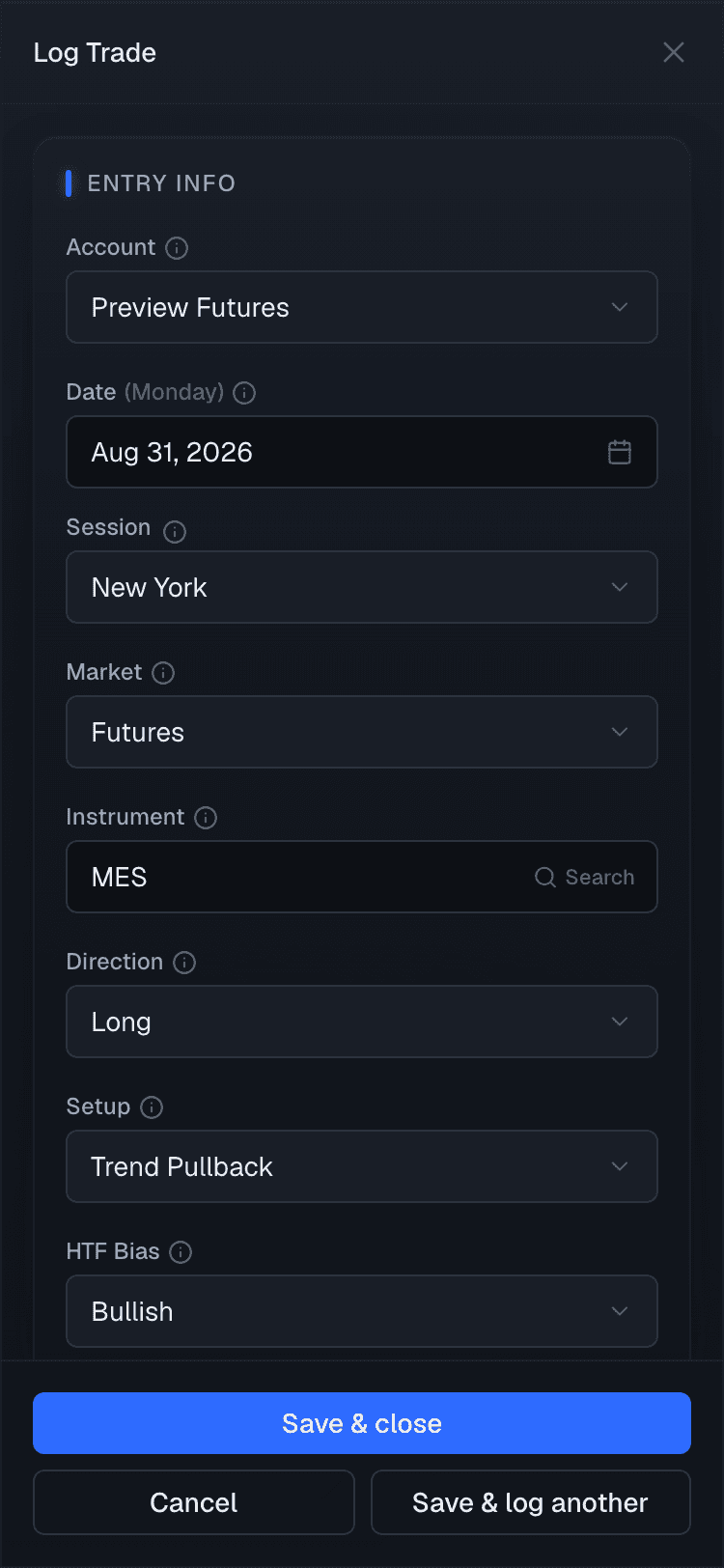 The Log Trade panel, with entry, execution and psychology fields on the left and a live read-out of risk, planned R:R and duration on the right. Sample data.