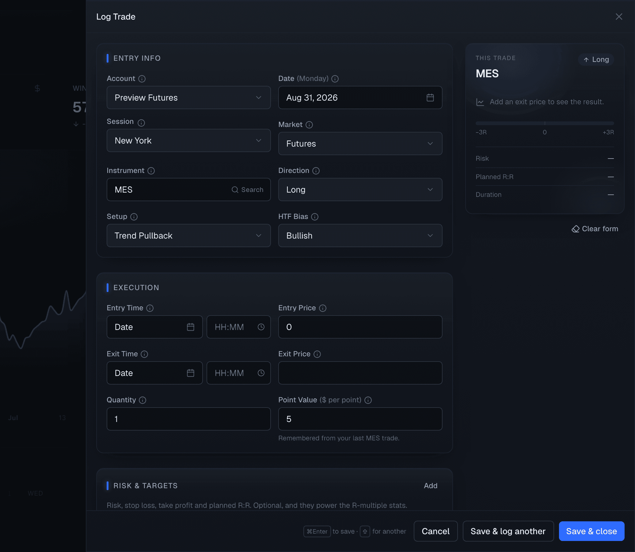 The Log Trade panel, with entry, execution and psychology fields on the left and a live read-out of risk, planned R:R and duration on the right. Sample data.