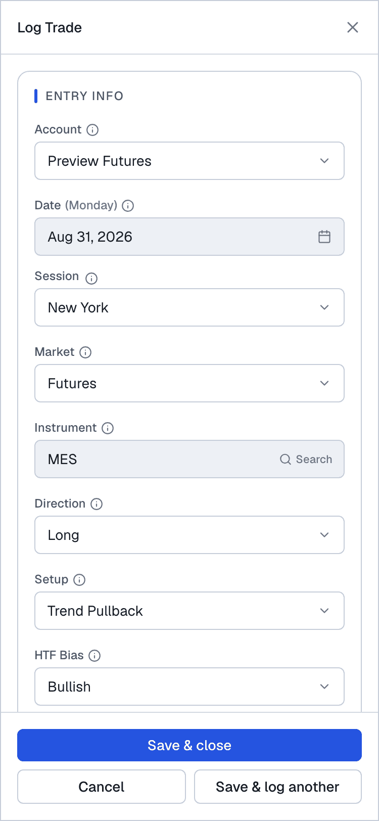 The Log Trade panel, with entry, execution and psychology fields on the left and a live read-out of risk, planned R:R and duration on the right. Sample data.